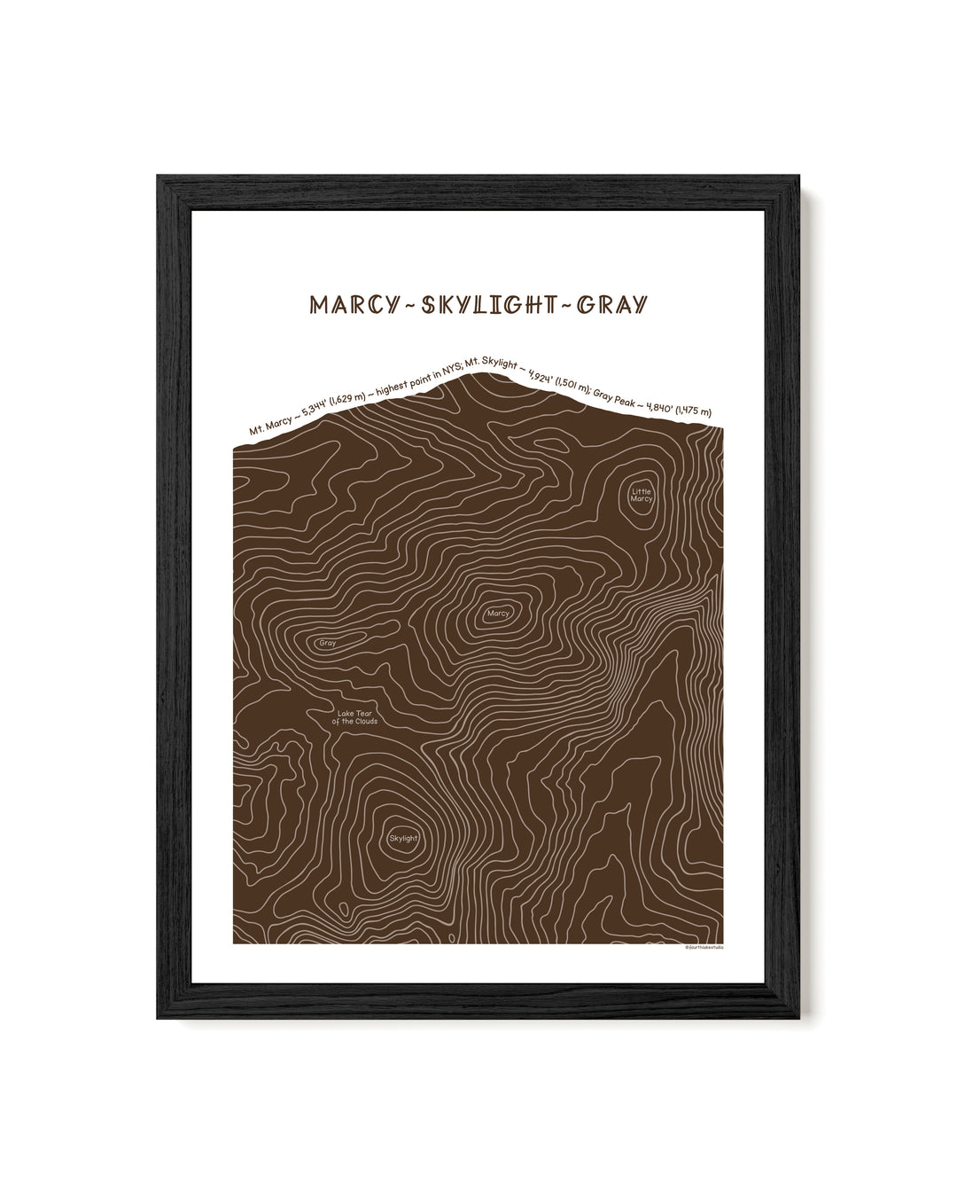 Black framed topographic map art of Mount Marcy, Skylight and Gray in brown line patterns on a white background