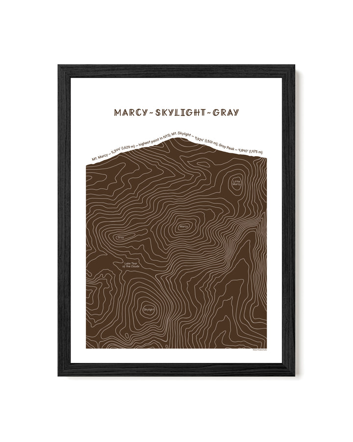 Black framed topographic map art of Mount Marcy, Skylight and Gray in brown line patterns on a white background