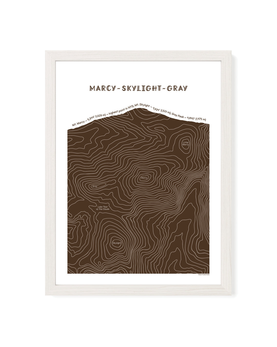 White framed topographic map art of Mount Marcy, Skylight and Gray in brown line patterns on a white background