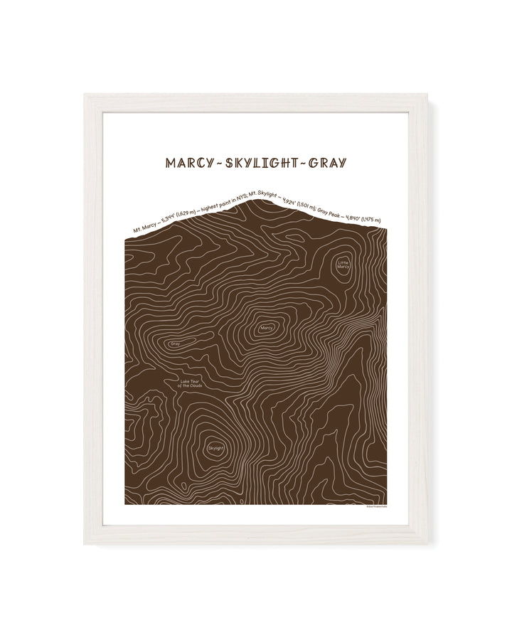 White framed topographic map art of Mount Marcy, Skylight and Gray in brown line patterns on a white background