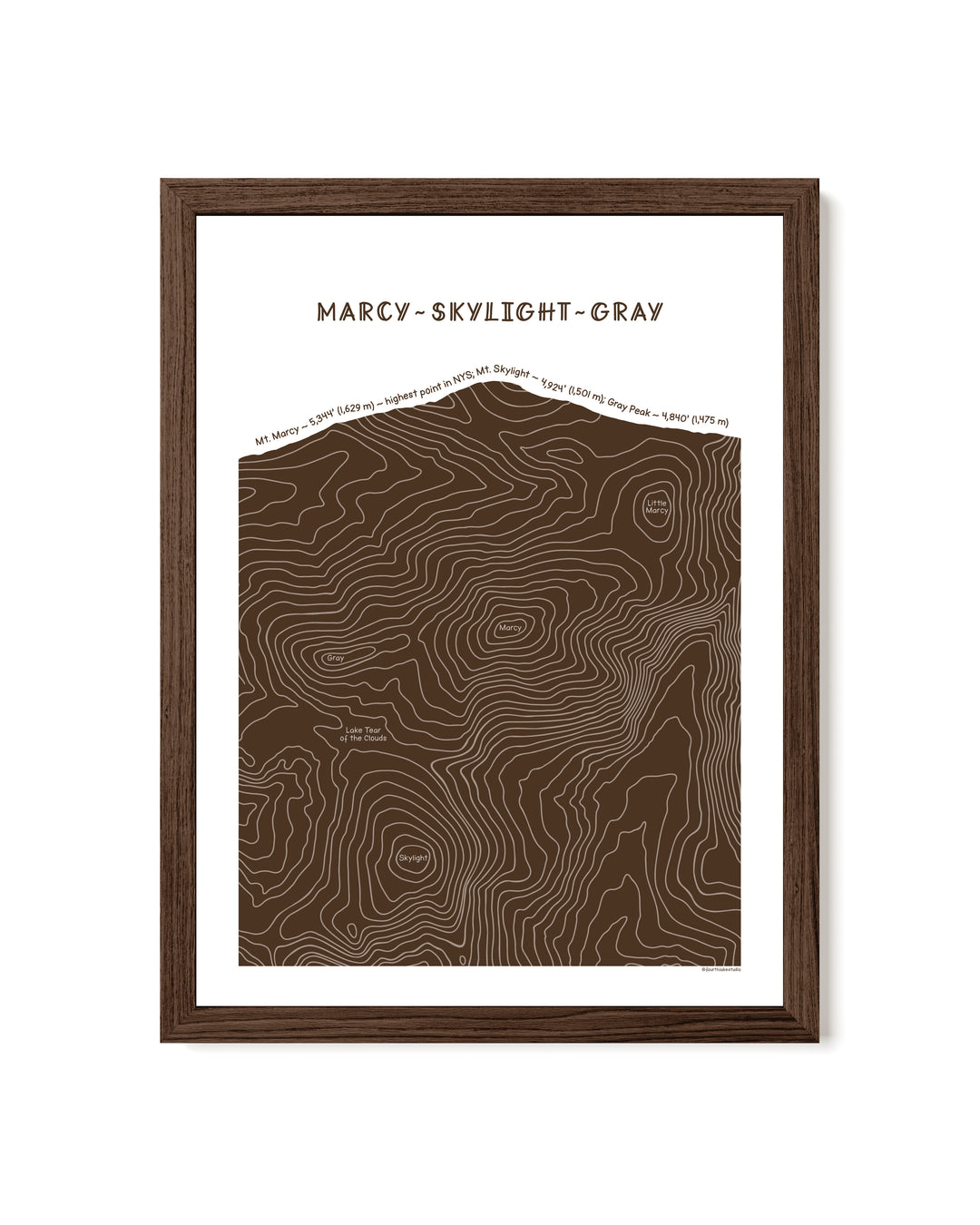 Walnut framed topographic map art of Mount Marcy, Skylight and Gray in brown line patterns on a white background