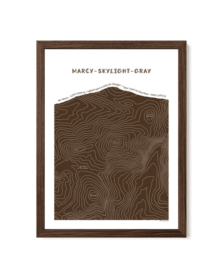 Walnut framed topographic map art of Mount Marcy, Skylight and Gray in brown line patterns on a white background