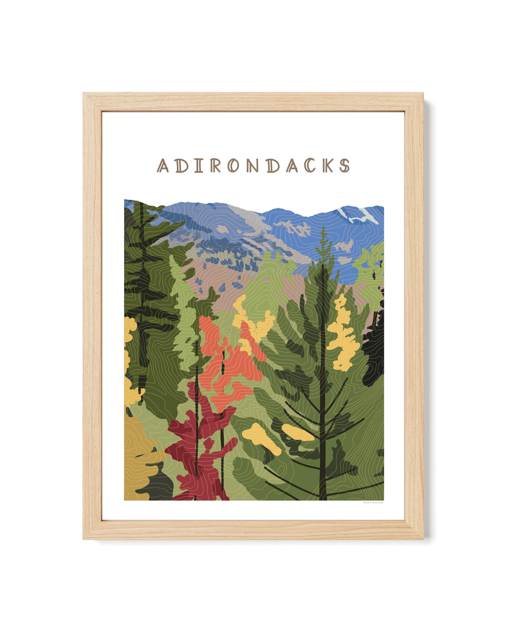 Framed illustration  of a fall foliage scene in the Adirondacks with topographic contour lines overlaying the image. Words Adirondacks at the top.