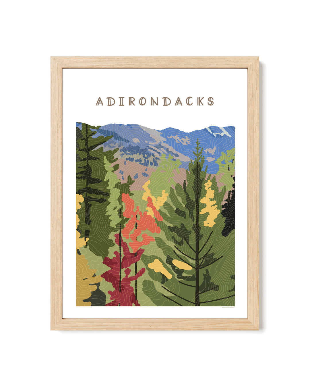 Framed illustration  of a fall foliage scene in the Adirondacks with topographic contour lines overlaying the image. Words Adirondacks at the top.