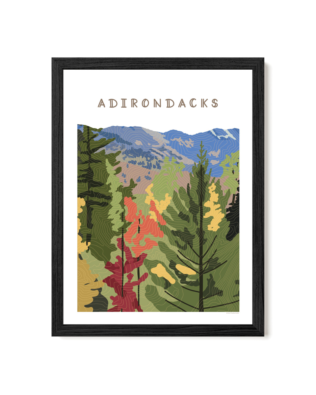 Framed illustration  of a fall foliage scene in the Adirondacks with topographic contour lines overlaying the image. Words Adirondacks at the top.