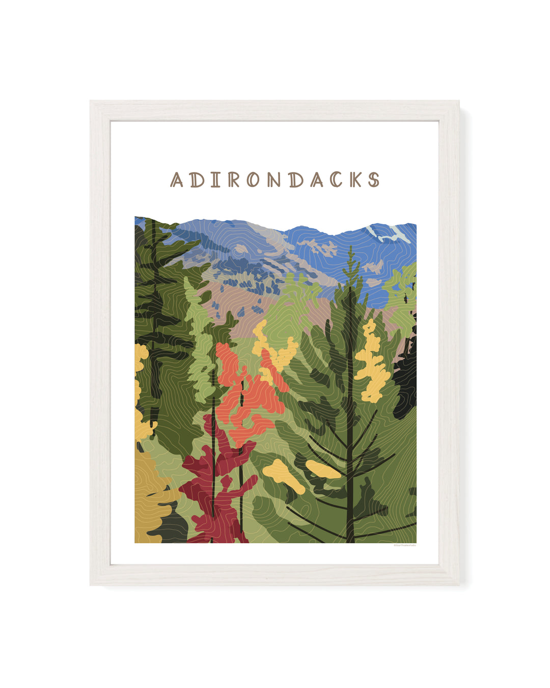 Framed illustration  of a fall foliage scene in the Adirondacks with topographic contour lines overlaying the image. Words Adirondacks at the top.