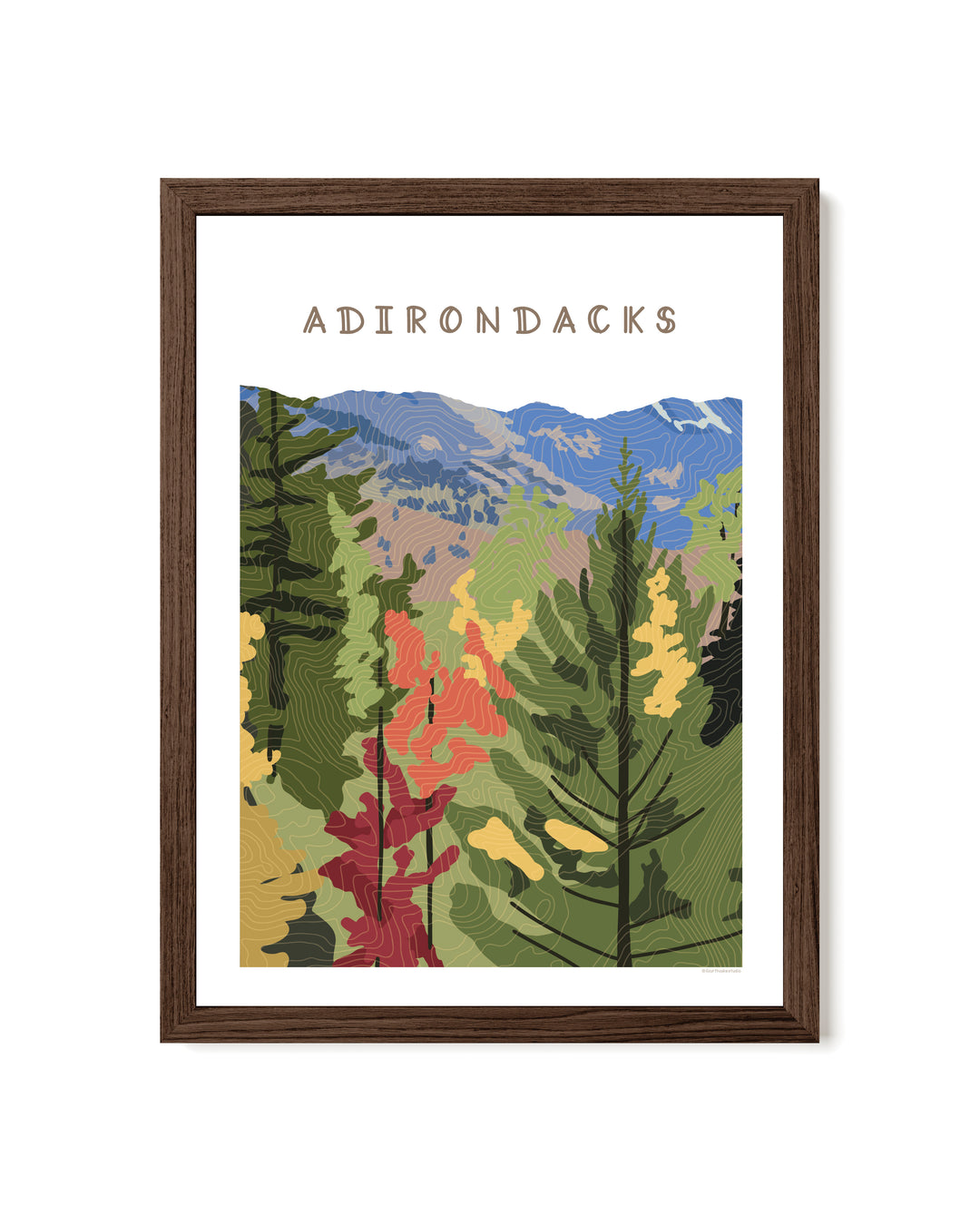 Framed illustration  of a fall foliage scene in the Adirondacks with topographic contour lines overlaying the image. Words Adirondacks at the top.