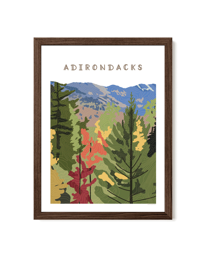 Framed illustration  of a fall foliage scene in the Adirondacks with topographic contour lines overlaying the image. Words Adirondacks at the top.
