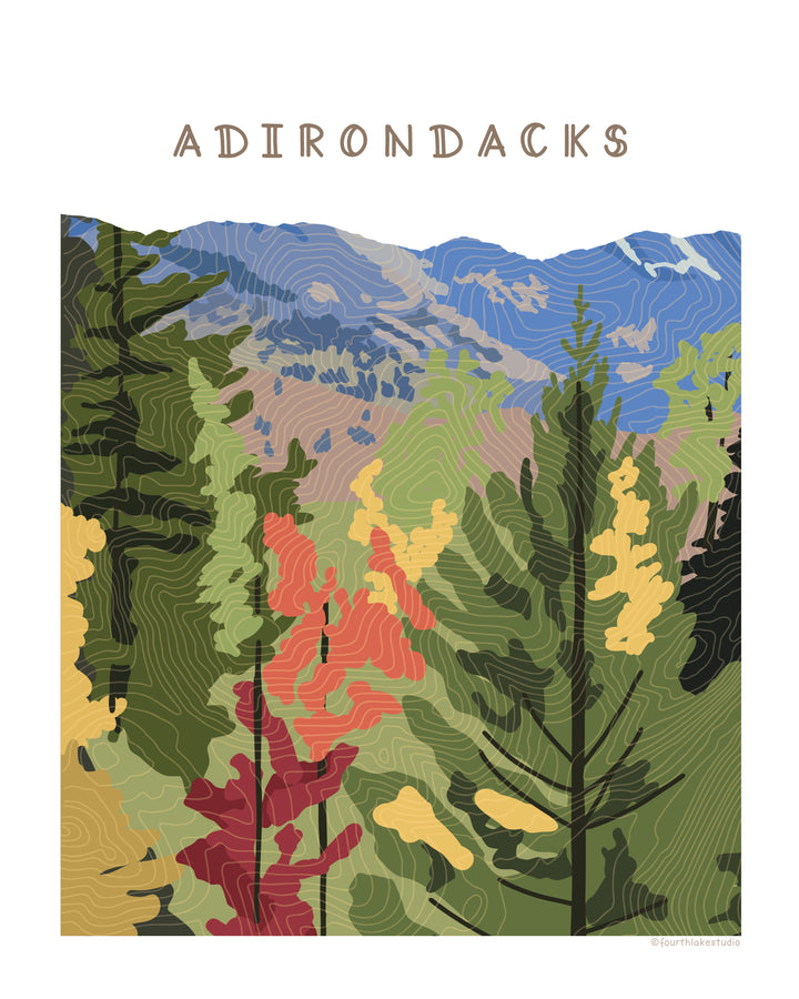 Fall foliage scene in the Adirondacks with topographic contour lines overlaying the image. Words Adirondacks at the top.