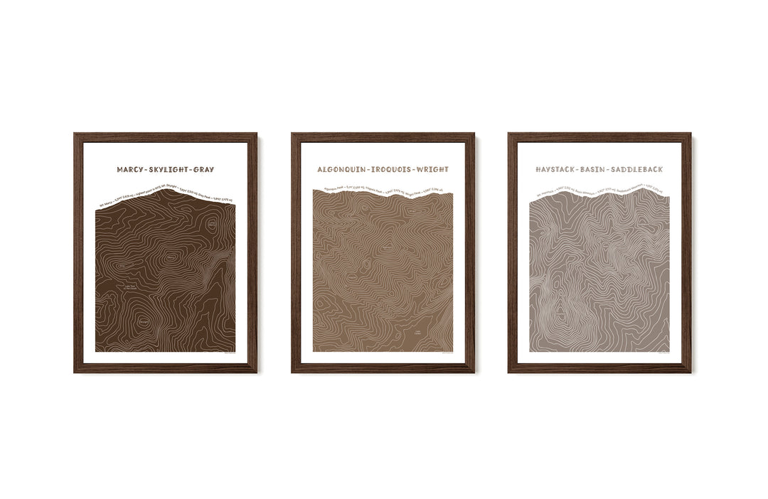 Walnut framed set of three topographic map art prints of Mount Marcy, Skylight &amp; Gray, Algonquin, Iroquois &amp; Wright Peaks, Haystack, Basin and Saddleback peaks in brown line patterns on a white background